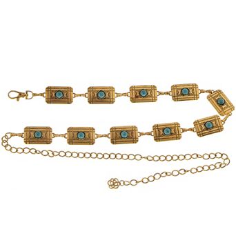 Women's Waist Chain Belt with Rectangular Links and Turquoise Stone Accents