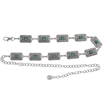 Women's Waist Chain Belt with Rectangular Links and Turquoise Stone Accents