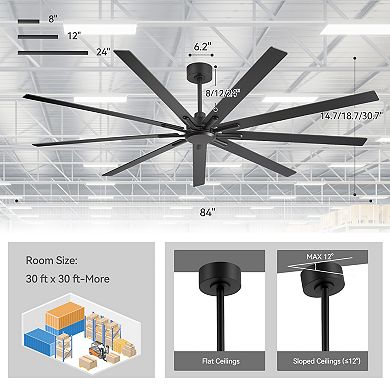 84-Inch Ceiling Fan Without Light, 9 Reversible Blades, 3 Downrods (8/12/24-Inch), Remote Control