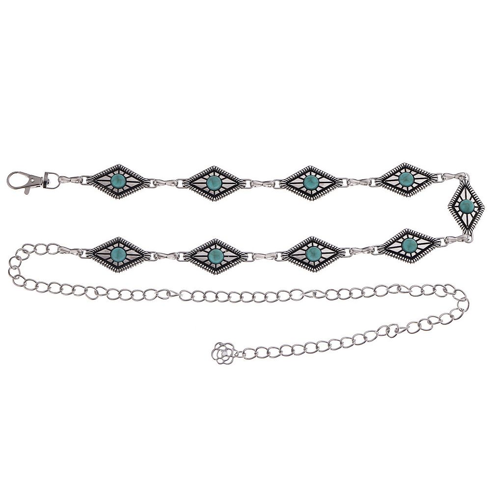 Turquoise Stone Statement Chain Belt- Silver-Tone Accents Small Concho Turquoise Stone Chain Belt Silver - SPLASH main image 4