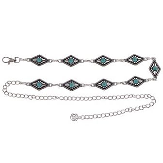 Women's Waist Chain Belt with Diamond-Shaped Links and Turquoise Stone Accents