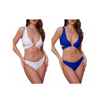 2 Sets Women's Wide Strap O Ring Cut Out V Neck Bikini Set, 2 pc Tie Back Top Triangle Bottom Suits