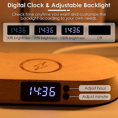 Bedside Touch Control Lamp with Clock & Wireless Charging Dimmable LED Nightstand Reading Lamp