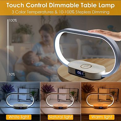 Bedside Touch Control Lamp with Clock & Wireless Charging Dimmable LED Nightstand Reading Lamp