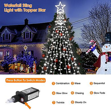Christmas Waterfall String Lights Star Topper, IP65 Waterproof, 8 Modes, Timer, Plug-In