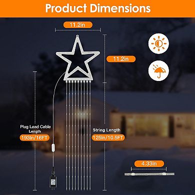 Christmas Waterfall String Lights Star Topper, IP65 Waterproof, 8 Modes, Timer, Plug-In