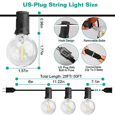50FT Globe String Lights 25 Decorative Bulbs for Outdoor/Indoor Patio, Garden, Party, Café