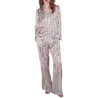 Women's Key and Chain Print Woven Pajama Set with Button Down Long Sleeve Top and Relaxed Fit Pants