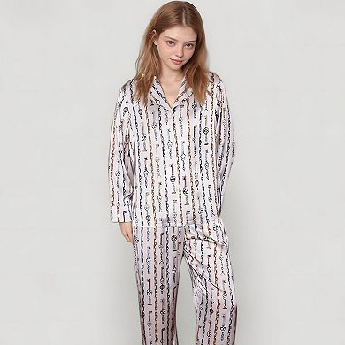 Women's Key and Chain Print Woven Pajama Set with Button Down Long Sleeve Top and Relaxed Fit Pants