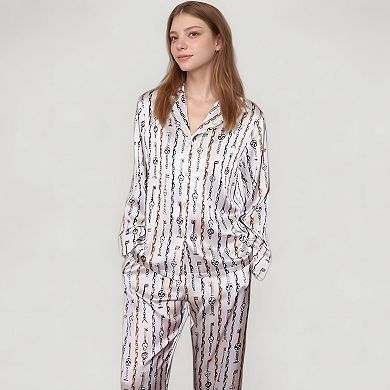 Women's Key and Chain Print Woven Pajama Set with Button Down Long Sleeve Top and Relaxed Fit Pants