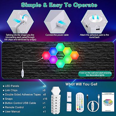 8PCS RGBW Hexagon Light Panels, App & Remote Control, Music Sync, Wall Lamps for Gaming Decor