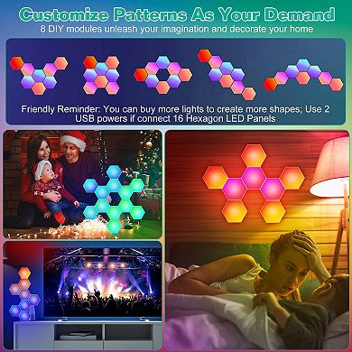 8PCS RGBW Hexagon Light Panels, App & Remote Control, Music Sync, Wall Lamps for Gaming Decor