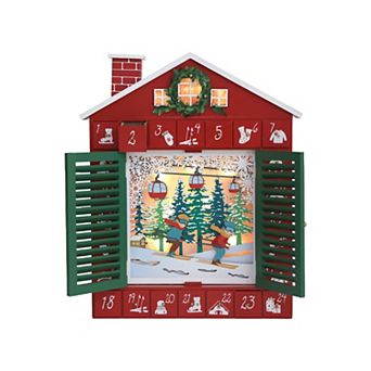 Polar Elegance Wooden Christmas Advent Calendar with LED 24 Countdown Drawers and Ski-Themed