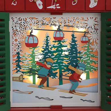Polar Elegance Wooden Christmas Advent Calendar with LED 24 Countdown Drawers and Ski-Themed