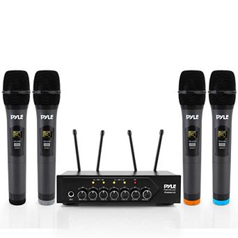 Pyle UHF Wireless Microphone System, 4 Handheld Mics, 50 Channels, Bluetooth for Karaoke