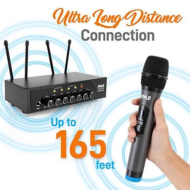 Pyle UHF Wireless Microphone System, 4 Handheld Mics, 50 Channels, Bluetooth for Karaoke