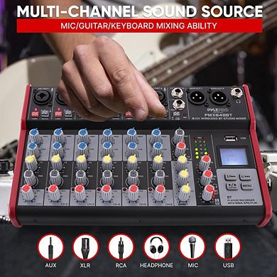Pyle 8-Channel Wireless DJ Audio Mixer, Bluetooth, USB Port, 6 Mic Inputs, +48V Phantom Power