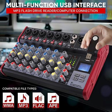 Pyle 8-Channel Wireless DJ Audio Mixer, Bluetooth, USB Port, 6 Mic Inputs, +48V Phantom Power