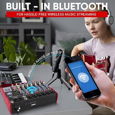 Pyle 8-Channel Wireless DJ Audio Mixer, Bluetooth, USB Port, 6 Mic Inputs, +48V Phantom Power