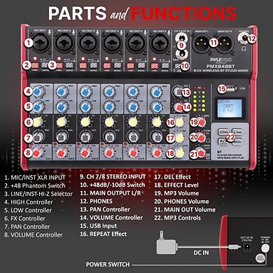 Pyle 8-Channel Wireless DJ Audio Mixer, Bluetooth, USB Port, 6 Mic Inputs, +48V Phantom Power