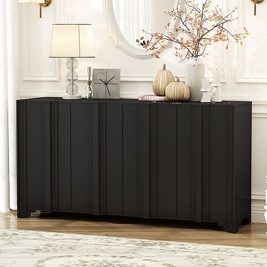 4 Door Sideboard with Intricate Linear Accents and Luxurious Multi Layered Pine Veneer