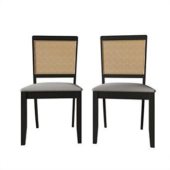 Farmhouse Black Wooden Dining Chair with Cane in Light Grey Cover, Set of 2