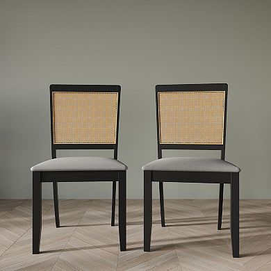 Farmhouse Black Wooden Dining Chair with Cane in Light Grey Cover, Set of 2