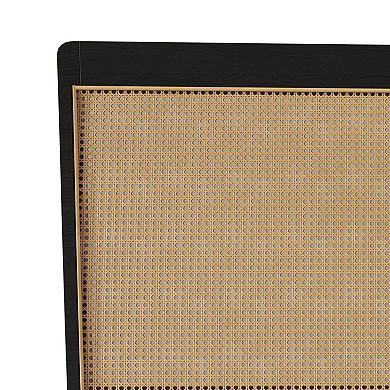 Farmhouse Black Wooden Dining Chair with Cane in Light Grey Cover, Set of 2