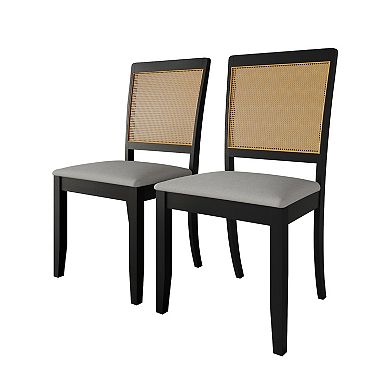 Farmhouse Black Wooden Dining Chair with Cane in Light Grey Cover, Set of 2