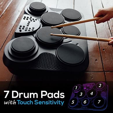 Pyle 7-Pad Electronic Table Top Digital Drum Kit with MIDI Functionality - Lightweight & Portable