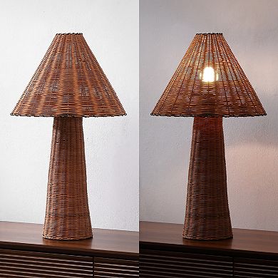 Kara 26.5" Modern Coastal Woven Rattan Tapered Cylinder LED Table Lamp