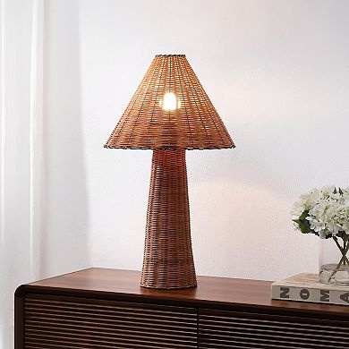 Kara 26.5" Modern Coastal Woven Rattan Tapered Cylinder LED Table Lamp