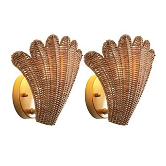 Elodie 11.5" Vintage Coastal 1-Light Rattan Scallop Shell LED Wall Sconce, (Set of 2)