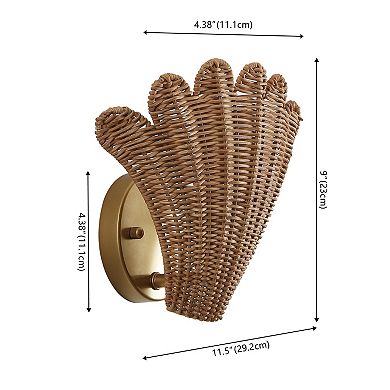 Elodie 11.5" Vintage Coastal 1-Light Rattan Scallop Shell LED Wall Sconce, (Set of 2)