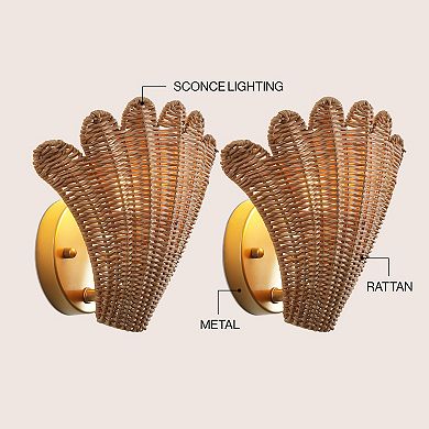 Elodie 11.5" Vintage Coastal 1-Light Rattan Scallop Shell LED Wall Sconce, (Set of 2)