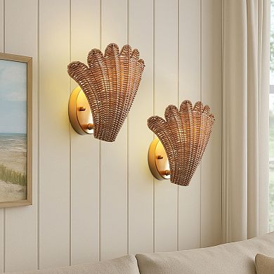Elodie 11.5" Vintage Coastal 1-Light Rattan Scallop Shell LED Wall Sconce, (Set of 2)