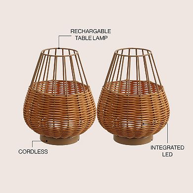 10" Indoor/Outdoor Faux Wicker Rechargeable/Cordless Dimmable Integrated LED Table Lamp(Set of 2)