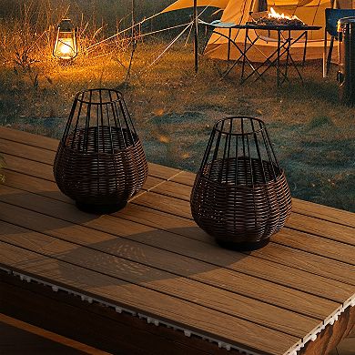 10" Indoor/Outdoor Faux Wicker Rechargeable/Cordless Dimmable Integrated LED Table Lamp(Set of 2)