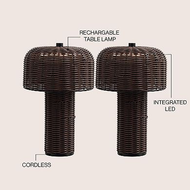 10" Indoor/Outdoor Faux Wicker Rechargeable/Cordless Dimmable Integrated LED Table Lamp (Set of 2)