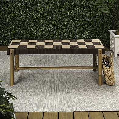 Denis 48" 2-Seat Backless 700-Lbs Support Acacia Wood Outdoor Bench, Checkerboard Woven Rope Seat