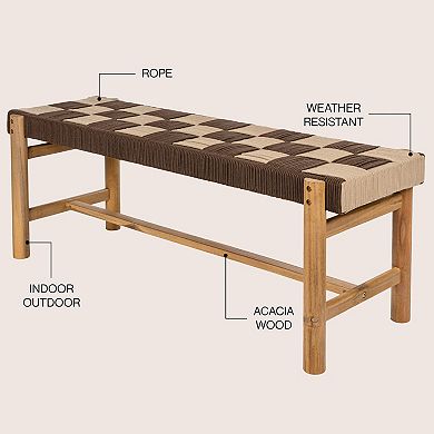 Denis 48" 2-Seat Backless 700-Lbs Support Acacia Wood Outdoor Bench, Checkerboard Woven Rope Seat