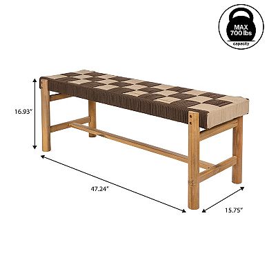 Denis 48" 2-Seat Backless 700-Lbs Support Acacia Wood Outdoor Bench, Checkerboard Woven Rope Seat