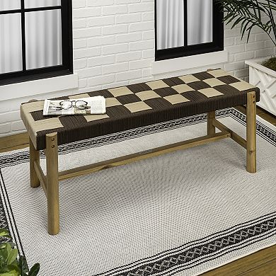 Denis 48" 2-Seat Backless 700-Lbs Support Acacia Wood Outdoor Bench, Checkerboard Woven Rope Seat