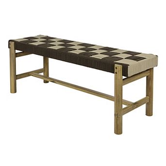 Denis 48" 2-Seat Backless 700-Lbs Support Acacia Wood Outdoor Bench, Checkerboard Woven Rope Seat