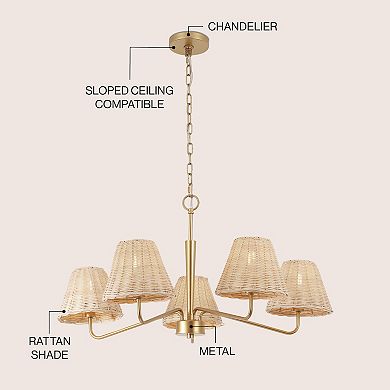 Libby 30" 5-Light Modern Coastal Sleek Woven Rattan/Iron LED Chandelier