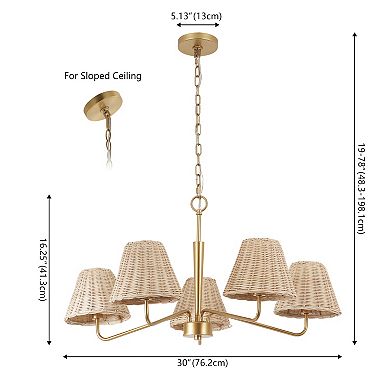 Libby 30" 5-Light Modern Coastal Sleek Woven Rattan/Iron LED Chandelier