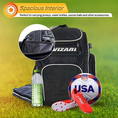 Vizari Cambria Soccer Backpack With Vented Ball Pocket and Mesh Side Cargo Pocket for Adult and Teen