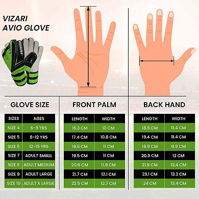 Vizari Avio F.P Youths' Soccer Goalie Gloves with grip boost, padded palm, and fingersave tech.