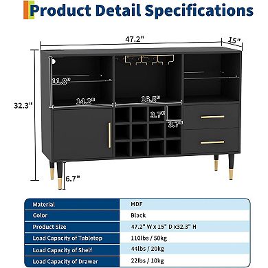 47"Wine Bar Cabinet, Liquor Coffee Bar Storage Cabinet Sideboard Buffet for Home Kitchen Dining Room