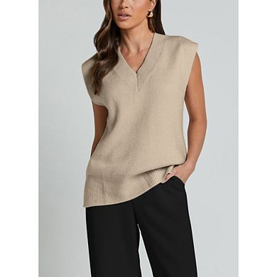 Sweater Vest Women Sleeveless V Neck Oversized Pullover Knitted Tops Fall Casual Loose Outfits